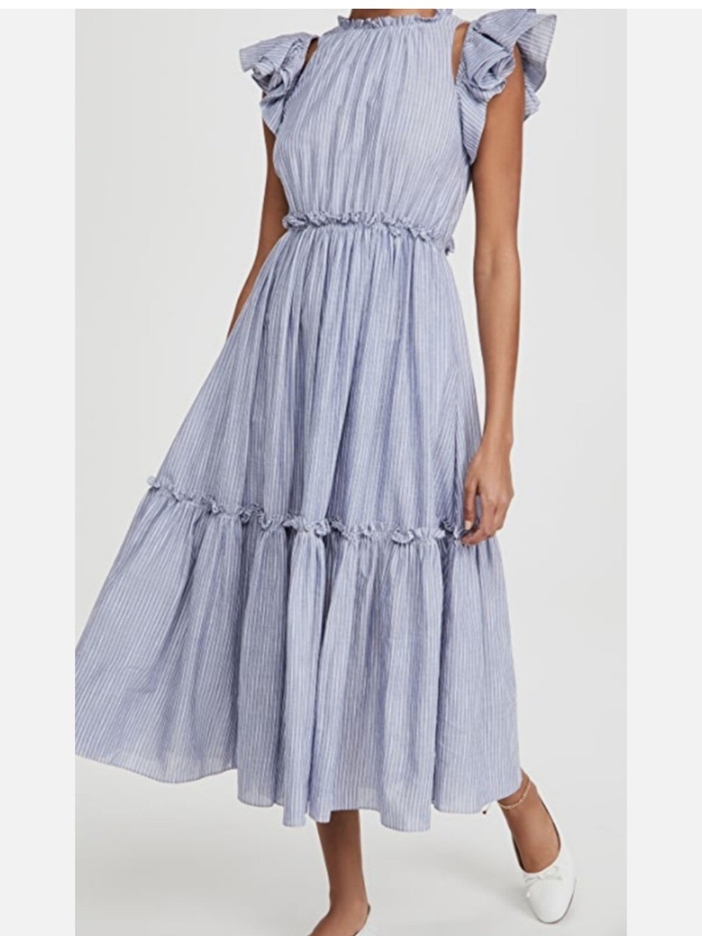 cinq a sept Blue and White Pinstripe Ruffle Maxi Dress